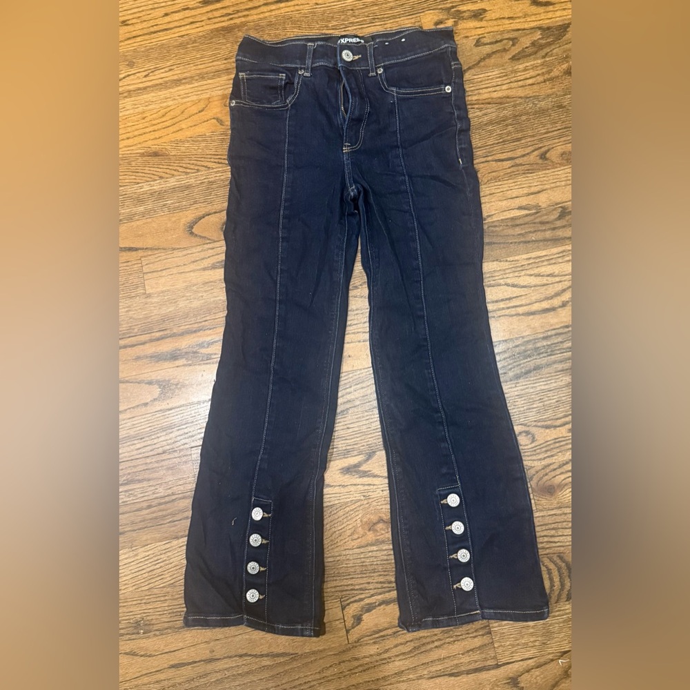 Express Black cropped and Flare Jeans with Button Detail size 2